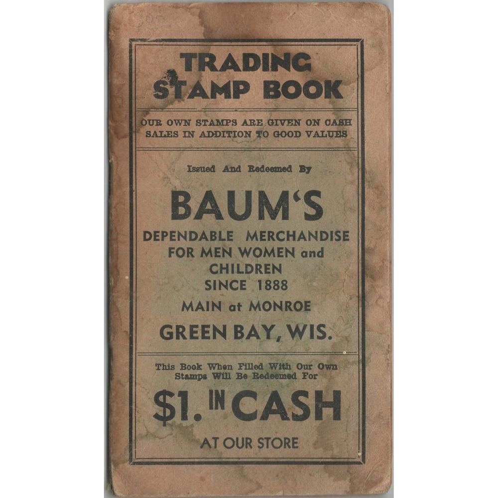 Vintage Baum's Trading Stamp Book Green Bay Wisconsin Green Stamps Booklet - Picture 1 of 3